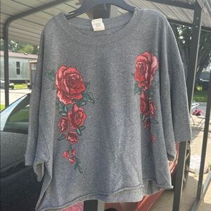 Gray Top with Red Rose Embroidery
